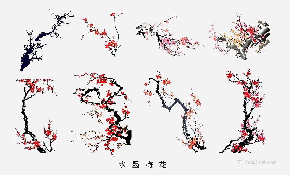 Traditional Chinese Ink Painting Plum Blossom Artistic Wall Decor Elements for Interior 3d model 