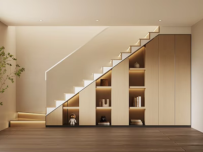 Modern Staircase Interior With Wooden Storage Cabinets Built In Shelves And Warm Lighting 3d model