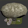 Natural Garden Scene With Large Rock Pink Cherry Blossom Tree Small Pavilion And Green Grass