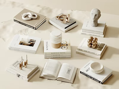 Stacked Books With Sculptures Cups And Small Decor In Minimalist Elegant Style 3d model