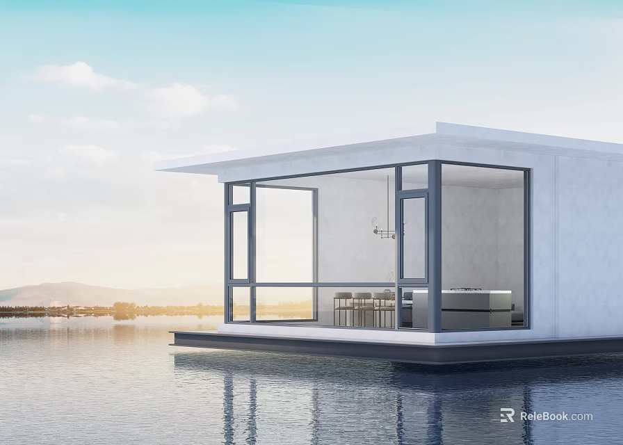 Modern Waterfront Detached Villa With Large Glass Windows White Exterior And Scenic Lake View 3d model 