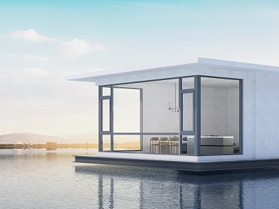 Modern Waterfront Detached Villa With Large Glass Windows White Exterior And Scenic Lake View 3d model