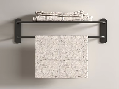 Patterned Light Colored Towel Hanging On Black Towel Rack With Folded Towels On Top 3d model