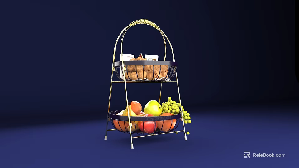 Two Tier Metal Fruit Basket With Bread And Fresh Fruits Apples Oranges Grapes 3d model 