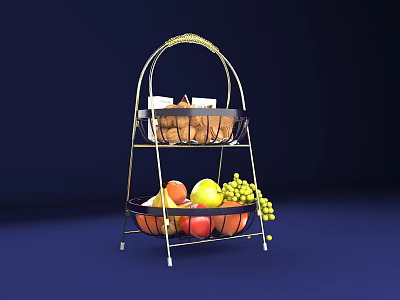 Two Tier Metal Fruit Basket With Bread And Fresh Fruits Apples Oranges Grapes 3d model