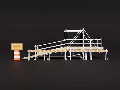 Road Infrastructure Scaffolding Structure With Traffic Cone And Warning Sign Setup 3d model