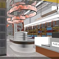 Modern Supermarket Grocery Interior with Coffee Snack Section and Product Shelves