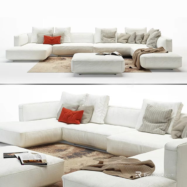 White Sectional Sofa Set with Red Gray Cushions Ottoman and Throw Blanket 3d model