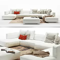 White Sectional Sofa Set with Red Gray Cushions Ottoman and Throw Blanket 3d model