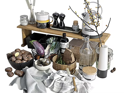 Essential Kitchenware Setup With Wooden Shelf Teapot Spice Grinders And Vegetables 3d model