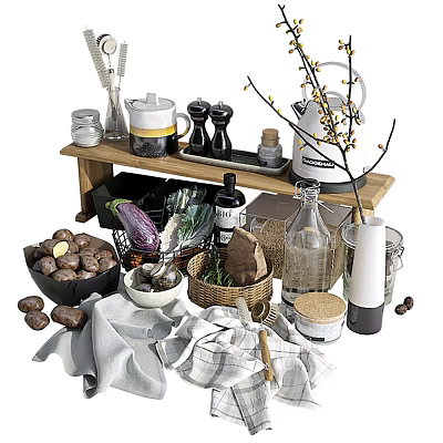 Essential Kitchenware Setup With Wooden Shelf Teapot Spice Grinders And Vegetables 3d model