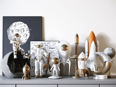 Space Theme Decorative Ornament Set With Astronaut Figurines Rocket Models And Moon Sculptures 3d model