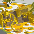 Colorful Yellow Playground Equipment With Slide Climbing Net Tree And Circular Floor Patterns