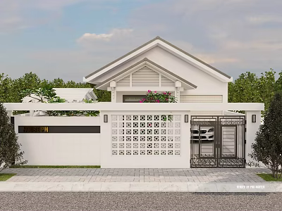 Single Family Detached House White Exterior With White Fence Lattice Design And Black Iron Gate 3d model