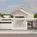 Single Family Detached House White Exterior With White Fence Lattice Design And Black Iron Gate