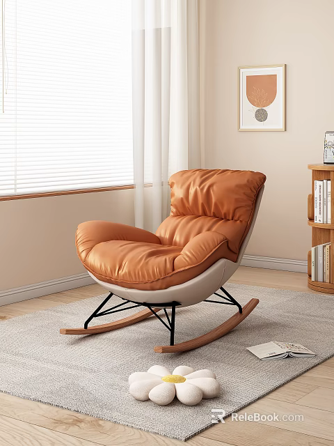 Modern Cozy Living Room Interior Featuring Orange Leather Rocking Chair With Window Blinds And Bookshelf 3d model 