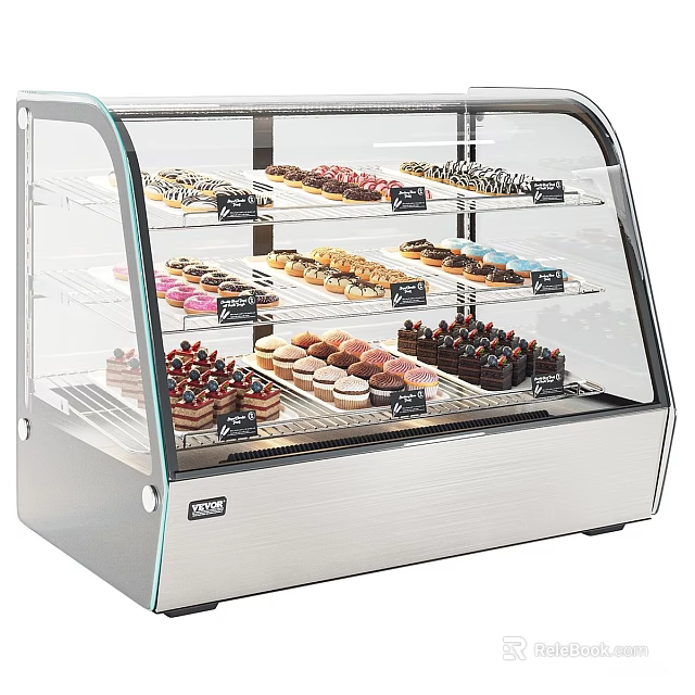 Dessert Display Case With Assorted Pastries On Glass Shelves And Stainless Steel Base 3d model 