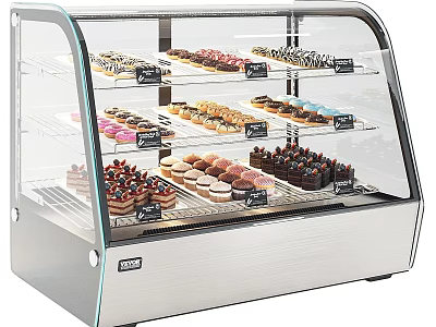 Dessert Display Case With Assorted Pastries On Glass Shelves And Stainless Steel Base 3d model