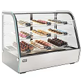 Dessert Display Case With Assorted Pastries On Glass Shelves And Stainless Steel Base