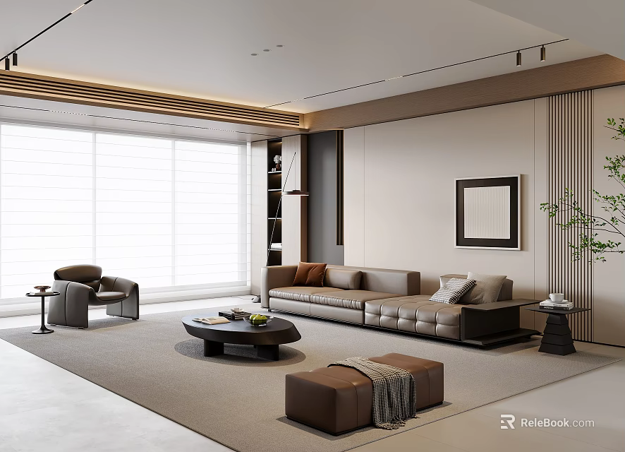 Modern Living Room Interior With Leather Sofa Coffee Table Area Rug And Decorative Painting 3d model 