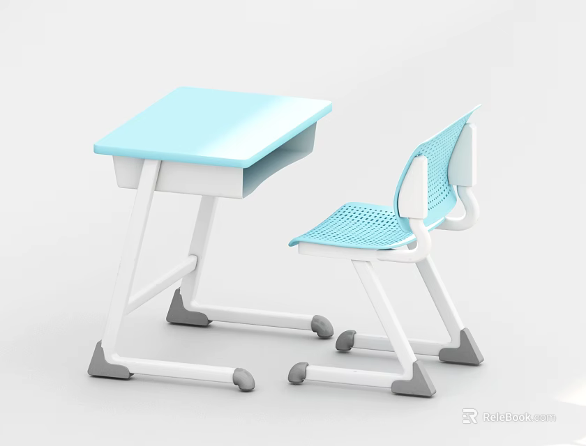 Functional Desk with Blue Tabletop and Matching Chair on Wheels Simple Design for Kids 3d model 
