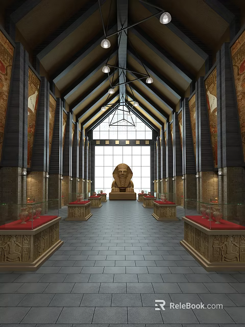 Ancient Egyptian Museum Interior With Sphinx Statue Glass Display Cases And Mural Paintings 3d model 