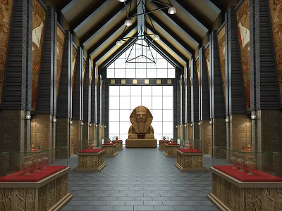 Ancient Egyptian Museum Interior With Sphinx Statue Glass Display Cases And Mural Paintings 3d model