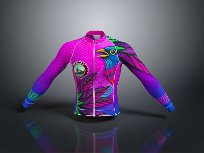 Vibrant Purple Cycling Jersey With Colorful Bird Pattern And Long Sleeves 3d model