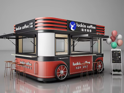 Luckin Coffee Mobile Cart Featuring Red Black Design Outdoor Seating Colorful Balloons and Menu Board 3d model