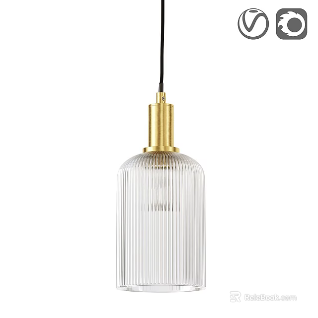 Stylish Modern Pendant Light with Golden Finish and Ribbed Glass Shade 3d model 