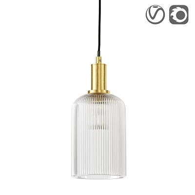 Stylish Modern Pendant Light with Golden Finish and Ribbed Glass Shade 3d model