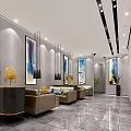 Modern Sales Office Interior With Sofas Chairs Wooden Pillars And Geometric Rug
