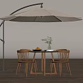 Modern Outdoor Cantilever Patio Umbrella Over Wooden Table And Chairs With Flower Vase