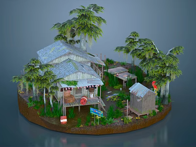 Cartoon Scene Featuring Wooden Huts Palm Trees Swampy Area Small Signs And Surrounding Plants 3d model