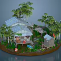 Cartoon Scene Featuring Wooden Huts Palm Trees Swampy Area Small Signs And Surrounding Plants