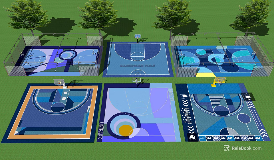 Outdoor Basketball Courts With Various Colorful Designs Trees And Fence Surroundings 3d model 