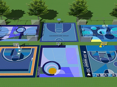 Outdoor Basketball Courts With Various Colorful Designs Trees And Fence Surroundings 3d model