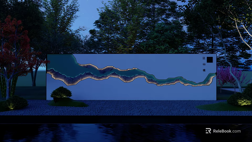Scenic Feature Wall With Wavy Design Illuminated At Night Surrounded By Trees And Water 3d model 