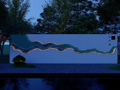 Scenic Feature Wall With Wavy Design Illuminated At Night Surrounded By Trees And Water 3d model