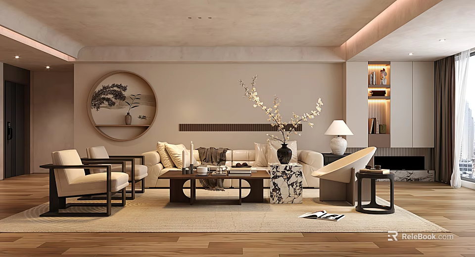 Modern Elegant Living Room Interior With Chinese Elements Beige Sofa Round Painting And Coffee Table 3d model 