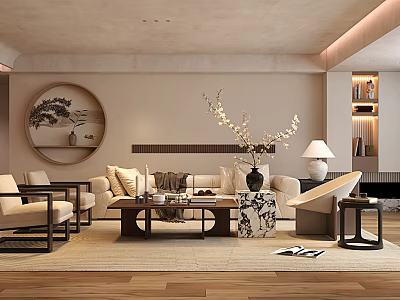 Modern Elegant Living Room Interior With Chinese Elements Beige Sofa Round Painting And Coffee Table 3d model
