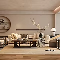 Modern Elegant Living Room Interior With Chinese Elements Beige Sofa Round Painting And Coffee Table