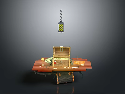 Rustic Wooden Table Display With Open Treasure Chest And Hanging Decorative Lantern 3d model