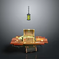 Rustic Wooden Table Display With Open Treasure Chest And Hanging Decorative Lantern