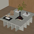 Minimalist Living Room Coffee Table With Stone Top Geometric Base And Decorative Plants Books Tray