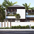 Modern Detached Villa Exterior With Palm Trees White Black Facade Red Car And Landscaped Fence