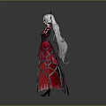 Anime Game Character With White Long Hair Black Horns And Red Gothic Dress