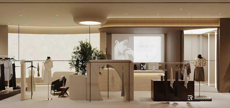Elegant Modern Clothing Store Interior With Stylish Display Racks And Green Plants 3d model 