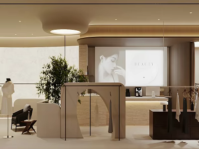 Elegant Modern Clothing Store Interior With Stylish Display Racks And Green Plants 3d model
