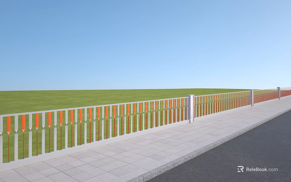 White And Orange Roadside Guardrail With Green Grassland Blue Sky And Gray Sidewalk 3d model 